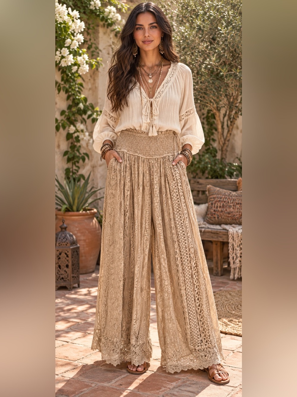 H033 NWT Young Threads S w13-18 Wide Leg Crochet Lace Pants Latte